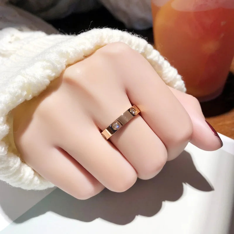 Trendy Stainless Steel Rose Gold Color Love Ring for Women Men Couple Shiny Zircon Rings Jewelry Wedding Gift