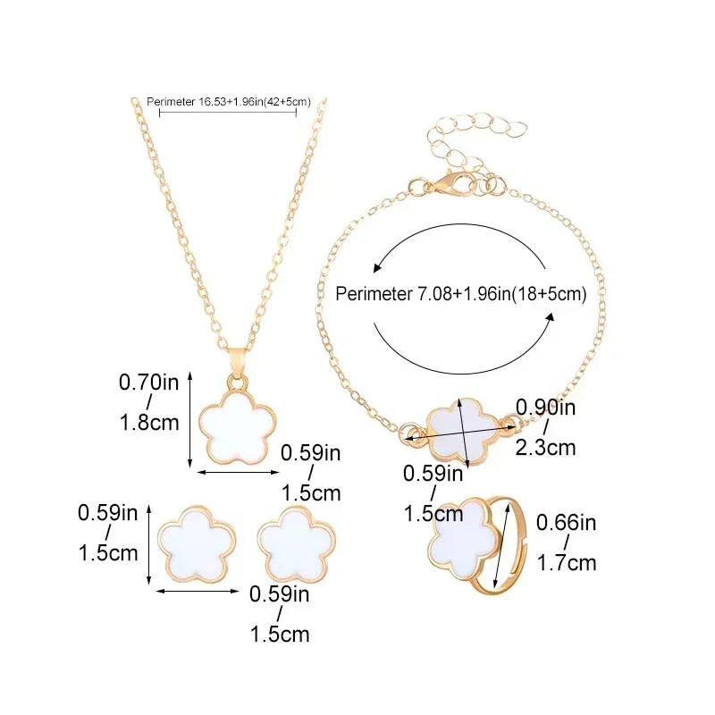 5PCS Romantic 5 Flower Petal Pendant Necklace Set for Women Girls Stud Earring Bracelet Ring Combination Jewelry Party Gifts