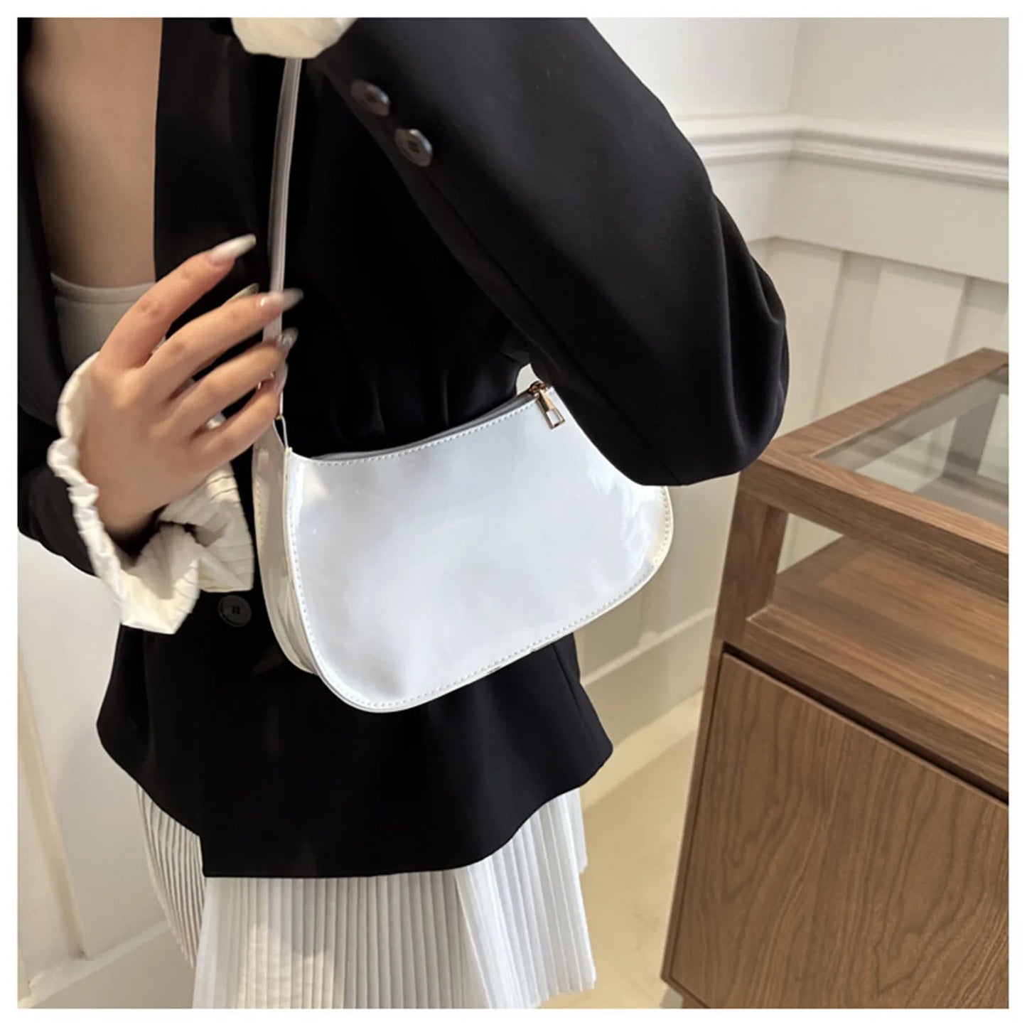 Patent Leather Glossy Shoulder Bag Retro Solid Color Women's Handbags Casual Brand Designer Underarm Bag Fashion Simple Hobo Bag