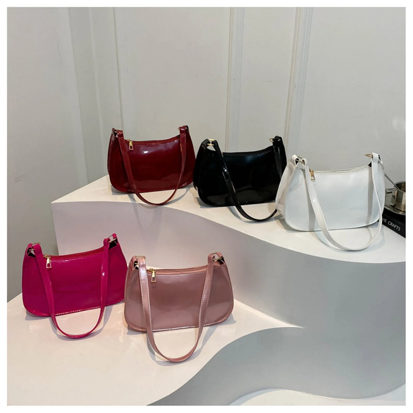 Patent Leather Glossy Shoulder Bag Retro Solid Color Women's Handbags Casual Brand Designer Underarm Bag Fashion Simple Hobo Bag