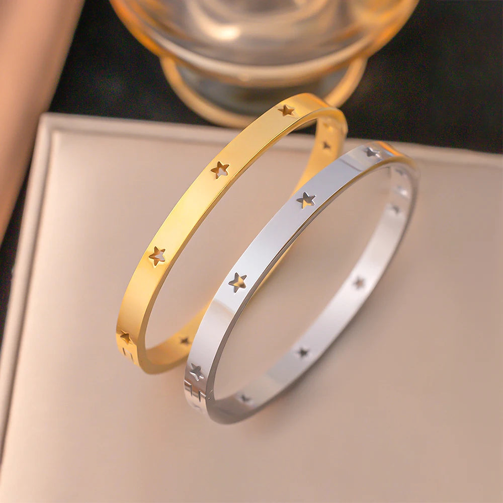 MHS.SUN European and American Stainless Steel Bangles Fashion Round Gold Silver Color Cubic Zircon Jewelry For Women Men