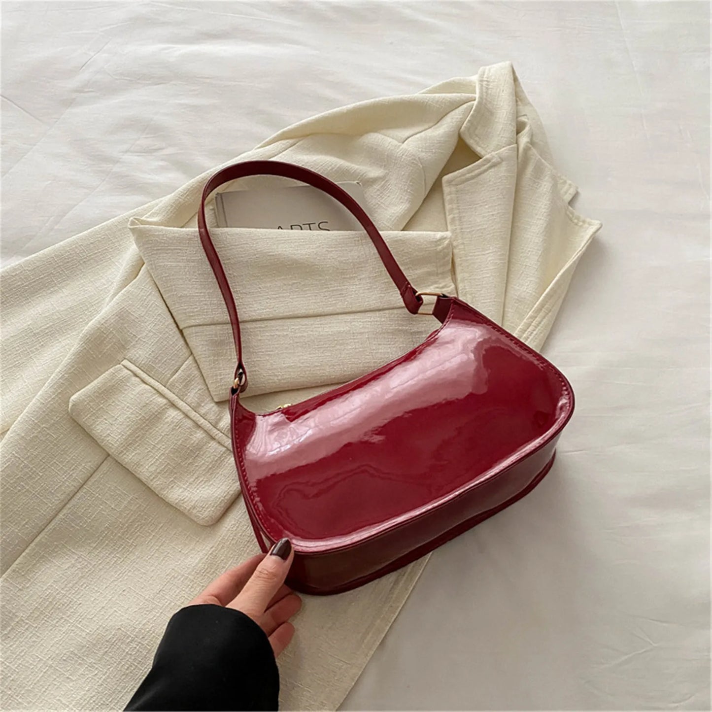 Patent Leather Glossy Shoulder Bag Retro Solid Color Women's Handbags Casual Brand Designer Underarm Bag Fashion Simple Hobo Bag