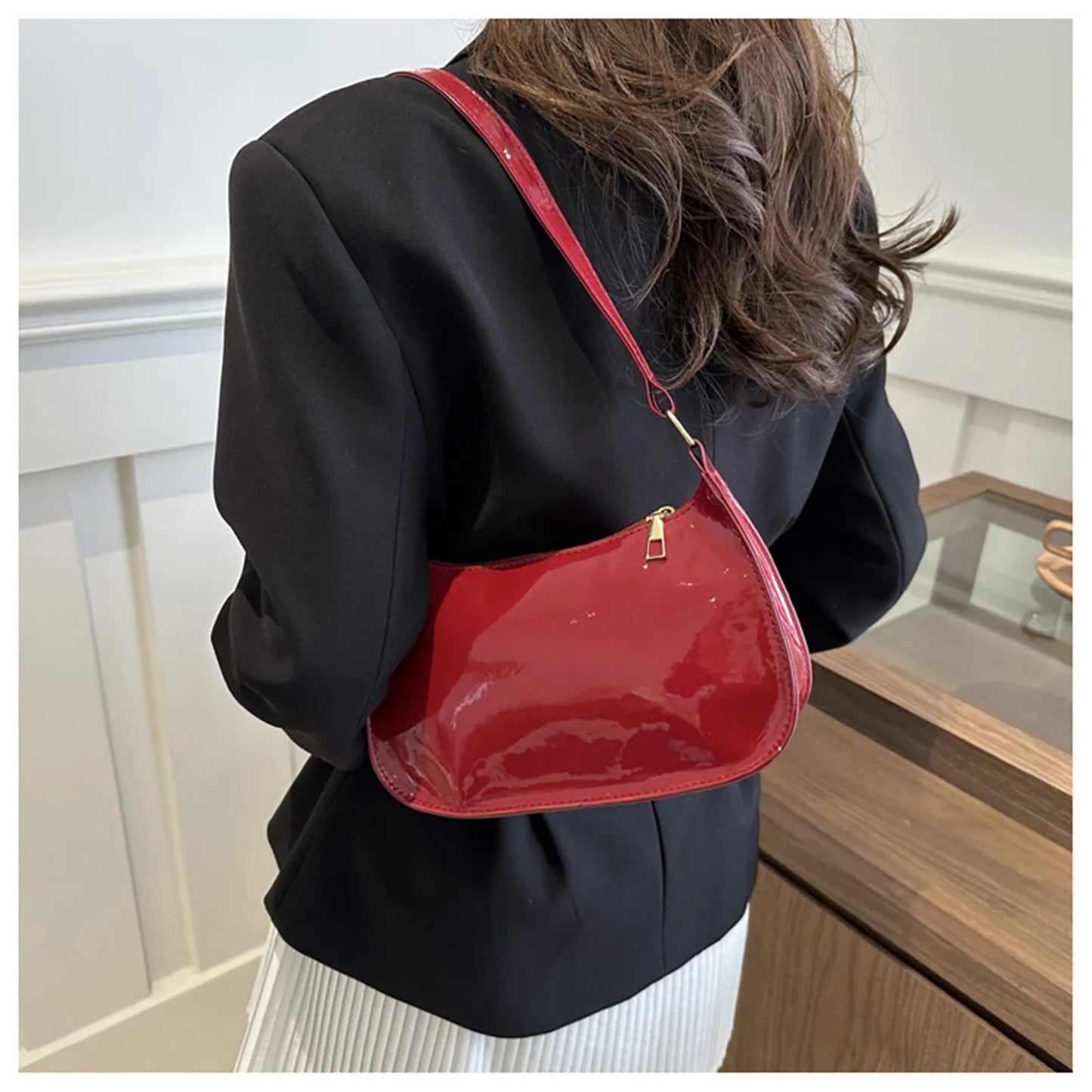 Patent Leather Glossy Shoulder Bag Retro Solid Color Women's Handbags Casual Brand Designer Underarm Bag Fashion Simple Hobo Bag