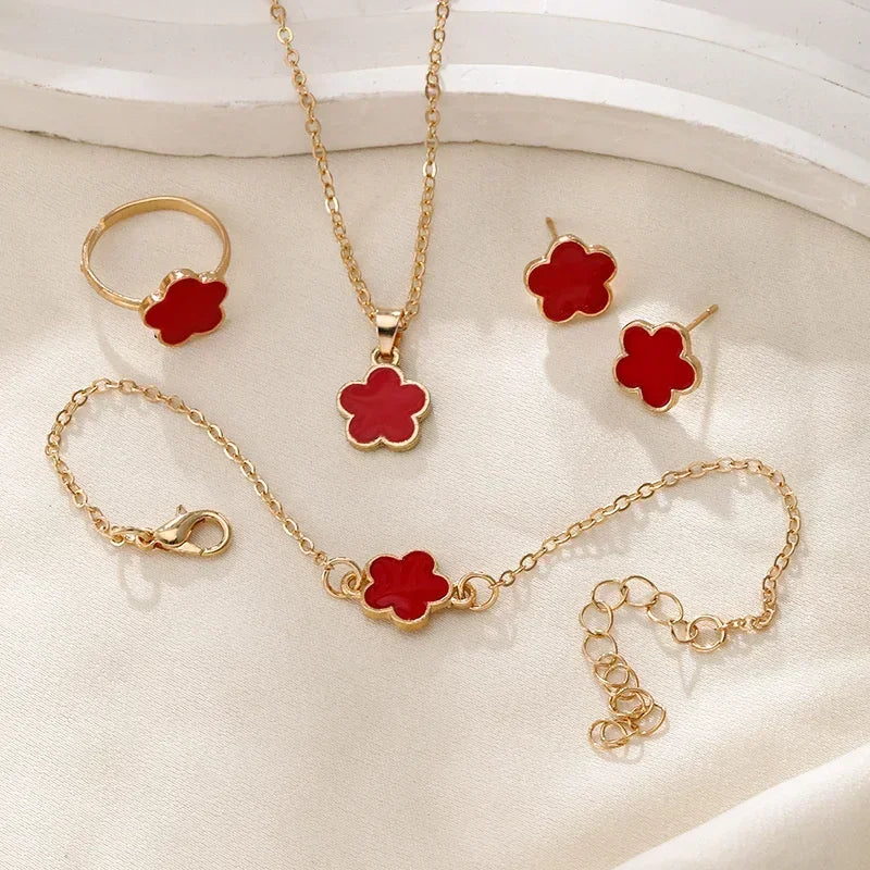 5PCS Romantic 5 Flower Petal Pendant Necklace Set for Women Girls Stud Earring Bracelet Ring Combination Jewelry Party Gifts