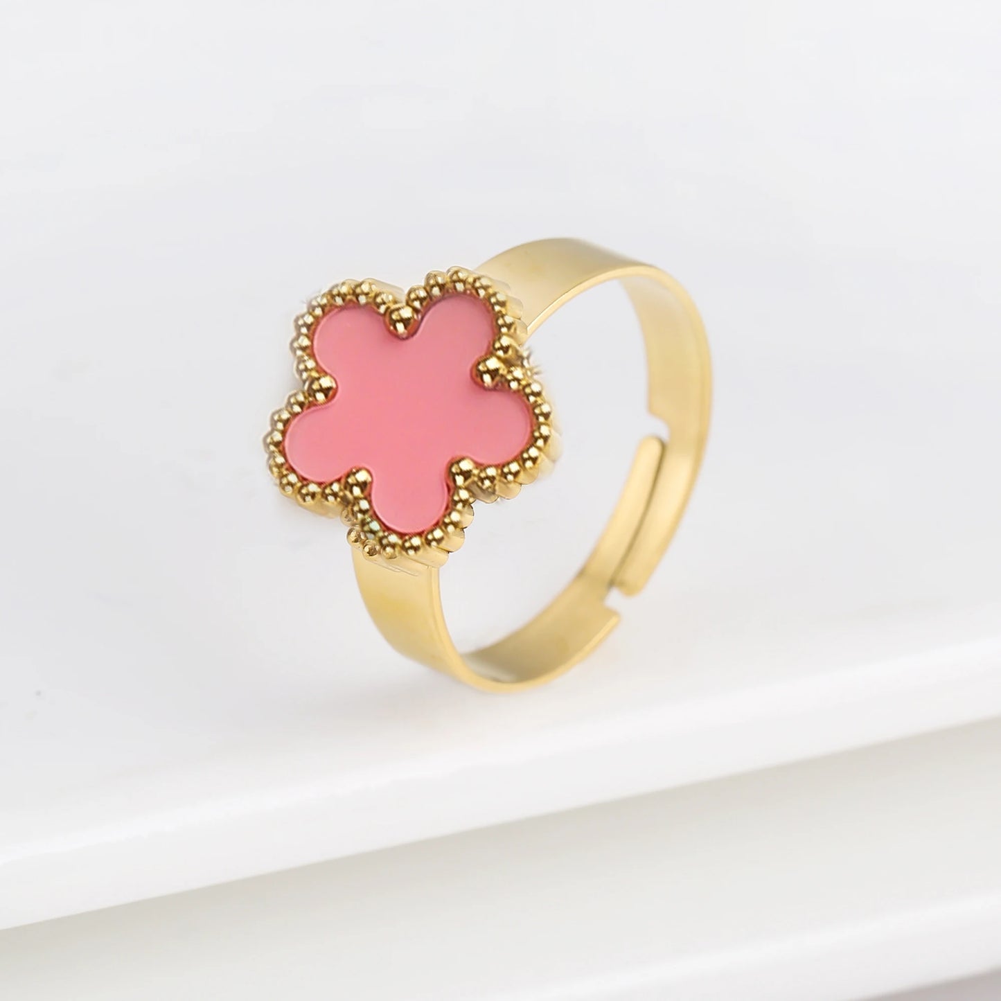 Opening Stainless Steel Gold Plated Botanical Plum Blossom Adjustable Ring Fashion for Woman Five Leaf Flower Jewelry Clover