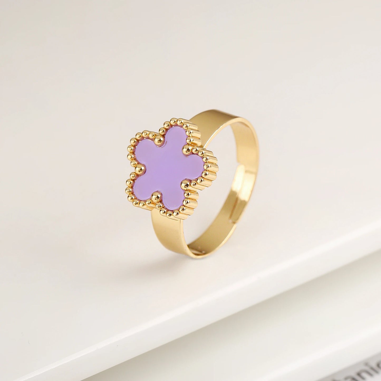 Opening Stainless Steel Gold Plated Botanical Plum Blossom Adjustable Ring Fashion for Woman Five Leaf Flower Jewelry Clover