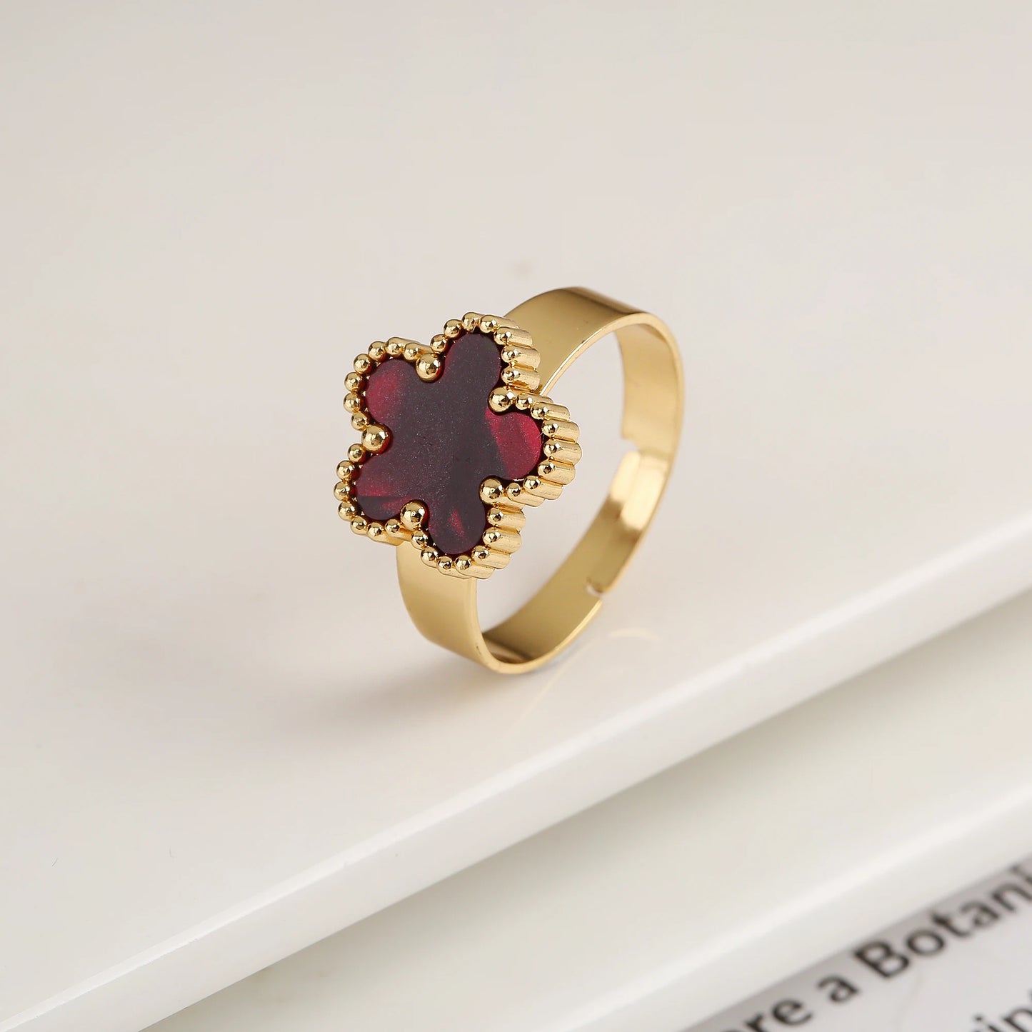 Opening Stainless Steel Gold Plated Botanical Plum Blossom Adjustable Ring Fashion for Woman Five Leaf Flower Jewelry Clover