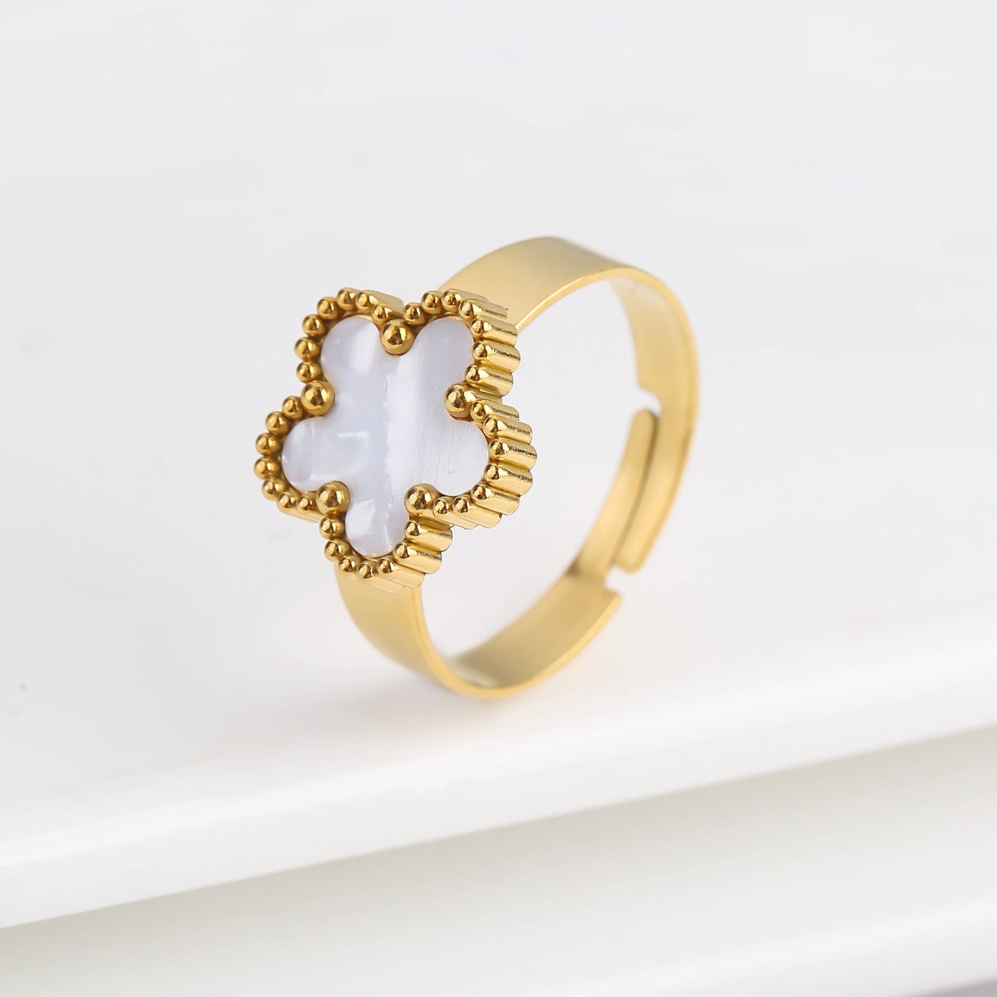 Opening Stainless Steel Gold Plated Botanical Plum Blossom Adjustable Ring Fashion for Woman Five Leaf Flower Jewelry Clover