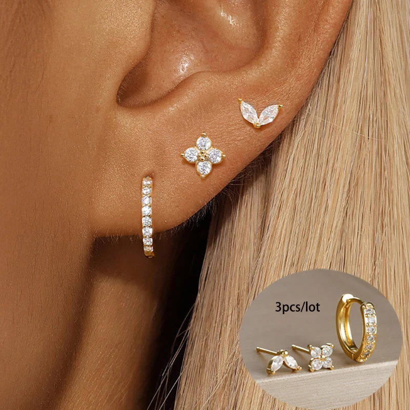 3PCS Stainless Steel Gold Color Circle Hoop Earrings Set for Women Simple Zircon Flower Stud Earring Cartilage Piercing Jewelry