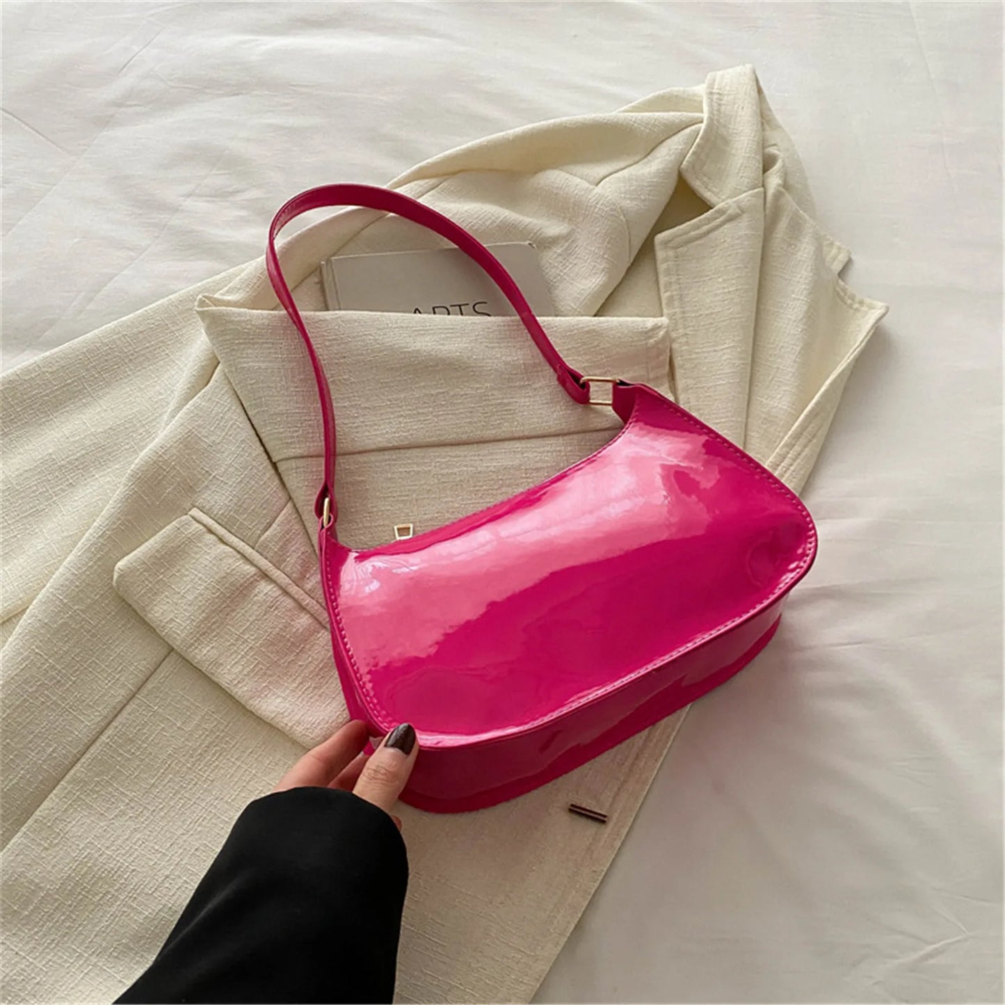 Patent Leather Glossy Shoulder Bag Retro Solid Color Women's Handbags Casual Brand Designer Underarm Bag Fashion Simple Hobo Bag