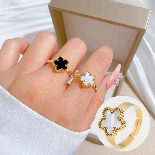 Opening Stainless Steel Gold Plated Botanical Plum Blossom Adjustable Ring Fashion for Woman Five Leaf Flower Jewelry Clover