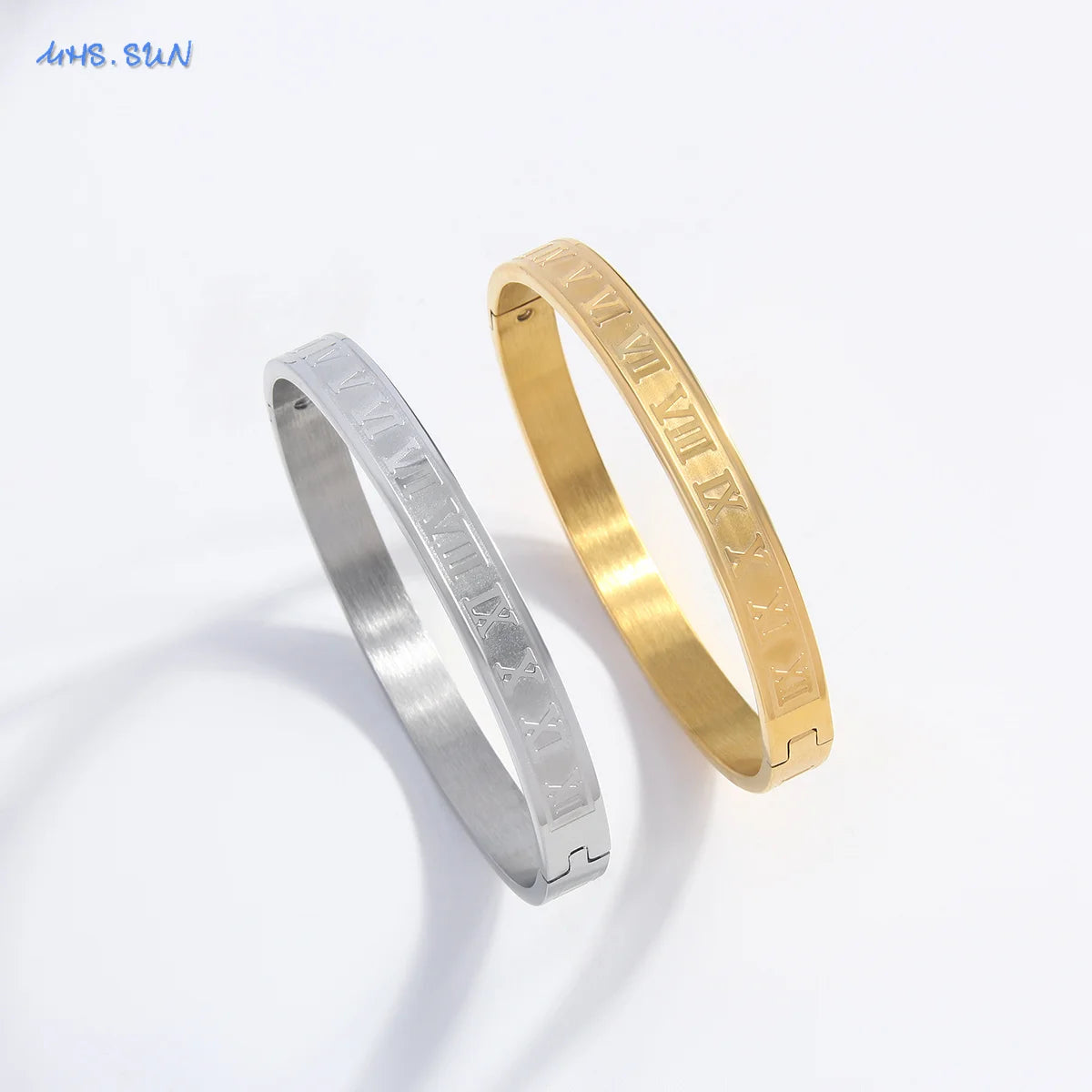 MHS.SUN European and American Stainless Steel Bangles Fashion Round Gold Silver Color Cubic Zircon Jewelry For Women Men