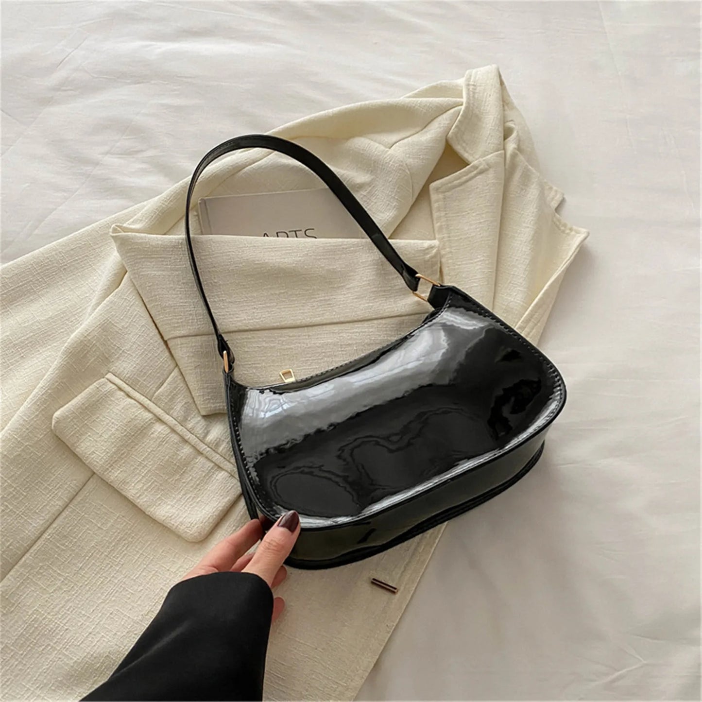 Patent Leather Glossy Shoulder Bag Retro Solid Color Women's Handbags Casual Brand Designer Underarm Bag Fashion Simple Hobo Bag