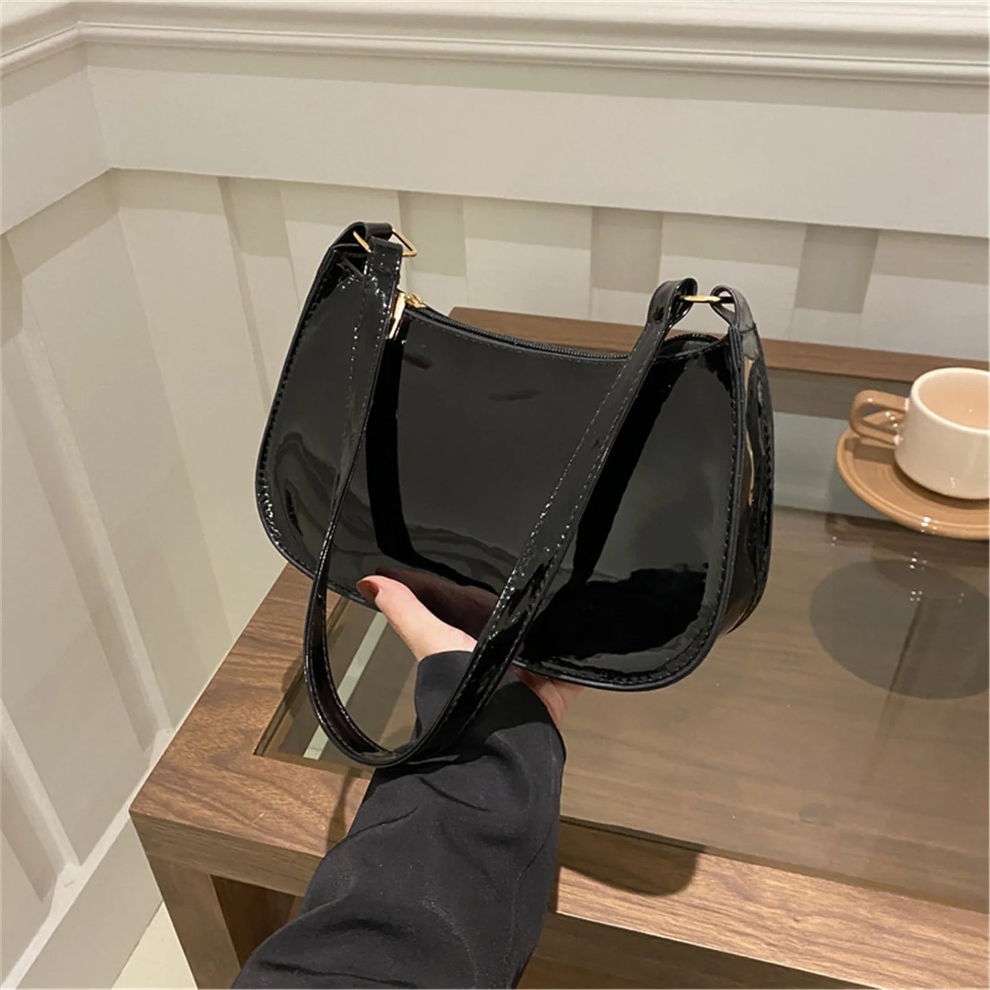 Patent Leather Glossy Shoulder Bag Retro Solid Color Women's Handbags Casual Brand Designer Underarm Bag Fashion Simple Hobo Bag