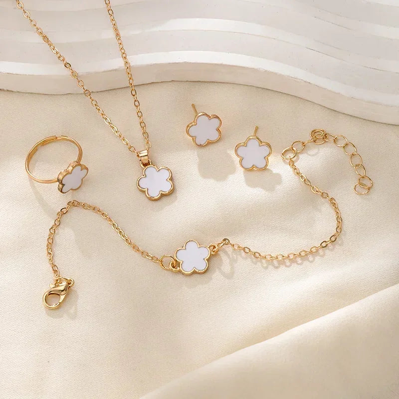 5PCS Romantic 5 Flower Petal Pendant Necklace Set for Women Girls Stud Earring Bracelet Ring Combination Jewelry Party Gifts